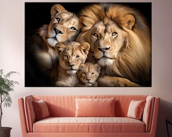 Lion Family Painting Prints, Tender Lioness Lion Canvas, Two lion cubs Print, Safari Animal Nursery Decor, Boho Home Decor, African lions