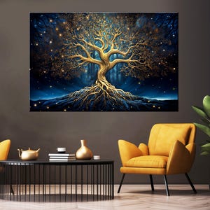 Tree of life Painting Print Canvas, Golden Tree Mythology Wall Art, Chakras Wall Decor, Meditation Print, Living Room Wall Art