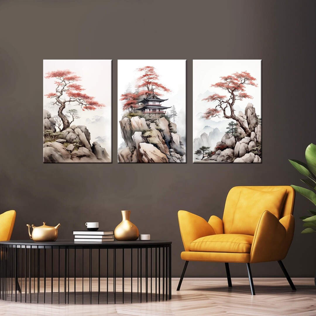 【Japanese Art Panel】和モダン 漆喰　アートパネル　3枚組 Japanese Landscape Canvas Wall Art: Sakura Zen Painting, 3 Panel