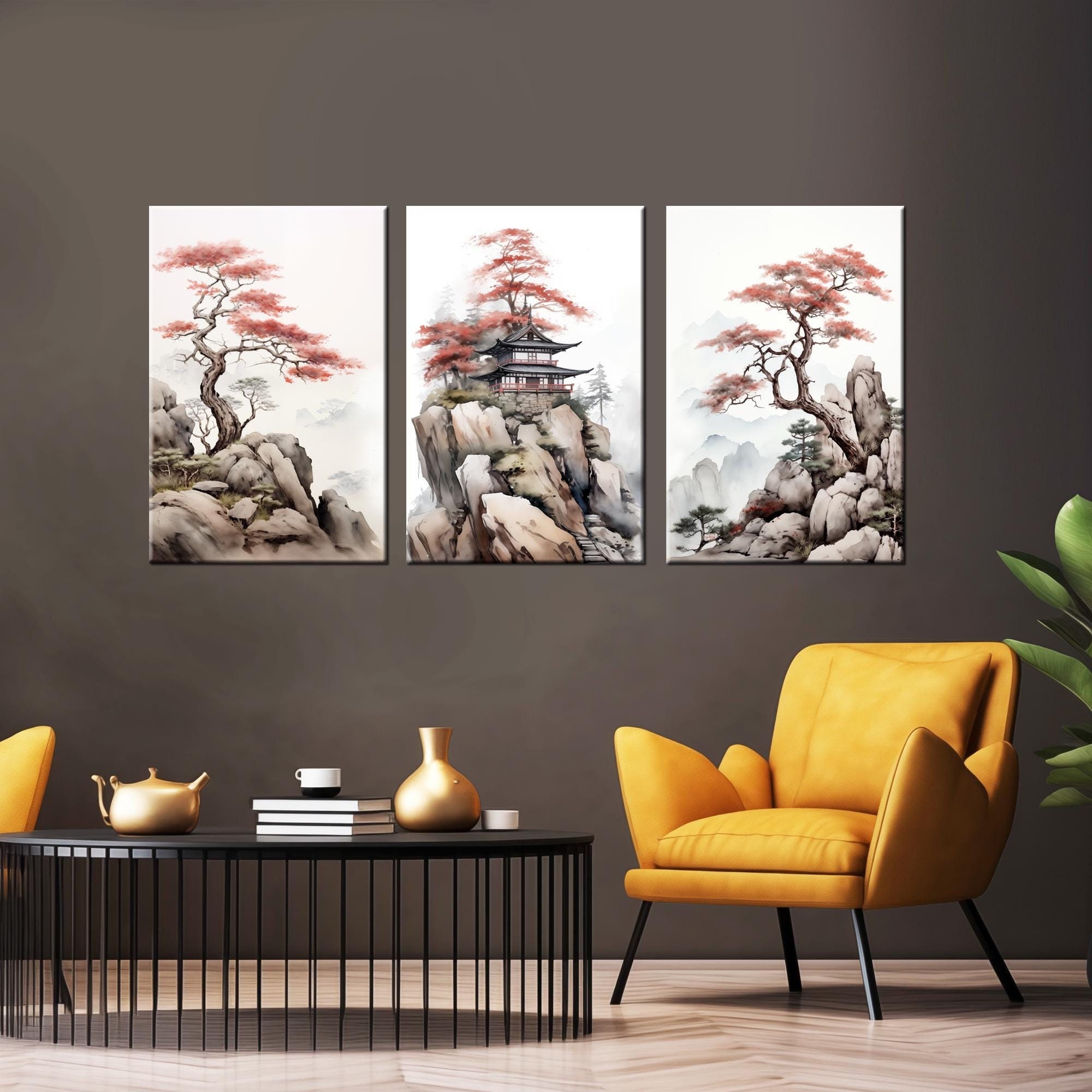 【Japanese Art Panel】和モダン 漆喰　アートパネル　3枚組 Japanese Landscape Canvas Wall Art: Sakura Zen Painting, 3 Panel