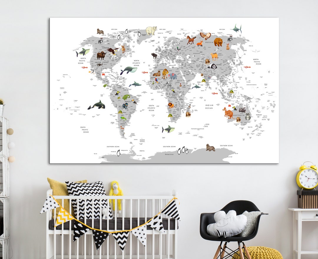 Animals World Map for Kids, Atlas Print Continent, World Map Black ...