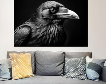 Black Crow Canvas Print | Raven Wall Art | Dark Moody Bird Decor | Gothic Wall Art | Minimalist Bird Print