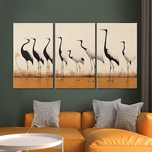 Vintage Japanese Crane Painting Print, Japanese Birds decor, Birds Abstract Wall Art, Japanese Crane Art, Crane Canvas, Japandi style décor