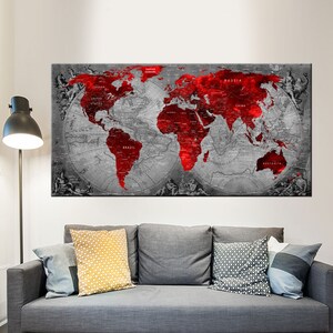 toile de carte du monde rouge fougueux vintage, carte de voyage en toile, carte du monde détaillée, toile de carte du monde aquarelle
