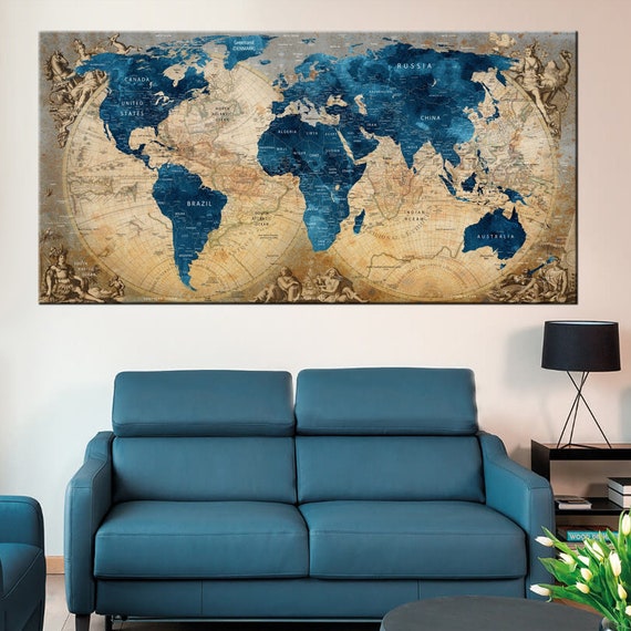 Vintage Blue World Map canvas, Canvas Travel Map, Detailed World Map, Watercolor World Map Canvas, World Map wall art