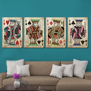 Jeu de cartes à jouer, rois 4 panneaux d'art mural, impression vintage de cartes, roi art déco, décoration de salle de poker, 4 panneaux
