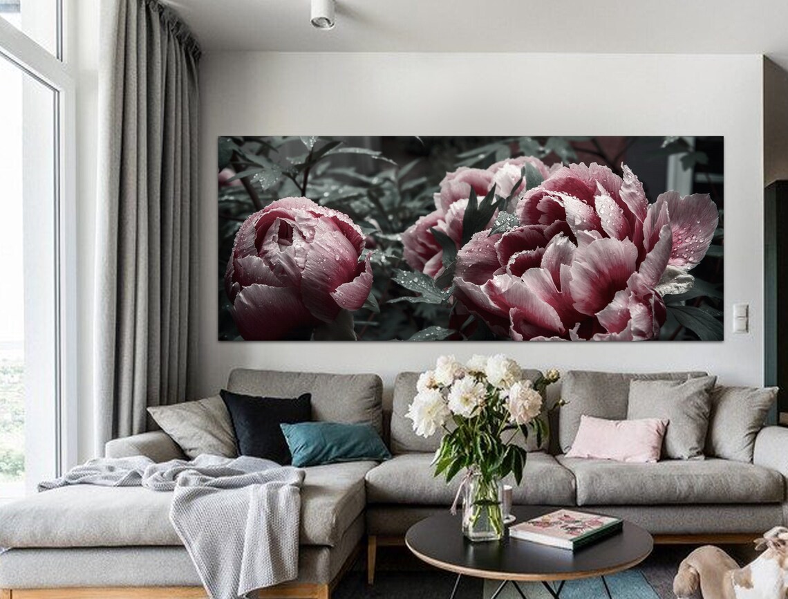 Vintage Peony Canvas Art, Dark Floral Print, Large Wall Decor - Etsy