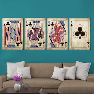 Jeu de cartes à jouer rétro tendance, 4 panneaux d'art mural clubs, impression sur toile de cartes, art mural roi et as, décoration de salle de poker, jeu de 4 PANNEAUX