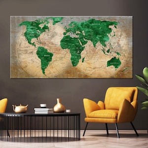 impression de carte du monde vintage, toile de carte de voyage aquarelle, carte du monde détaillée, toile de carte du monde verte, décoration de bureau
