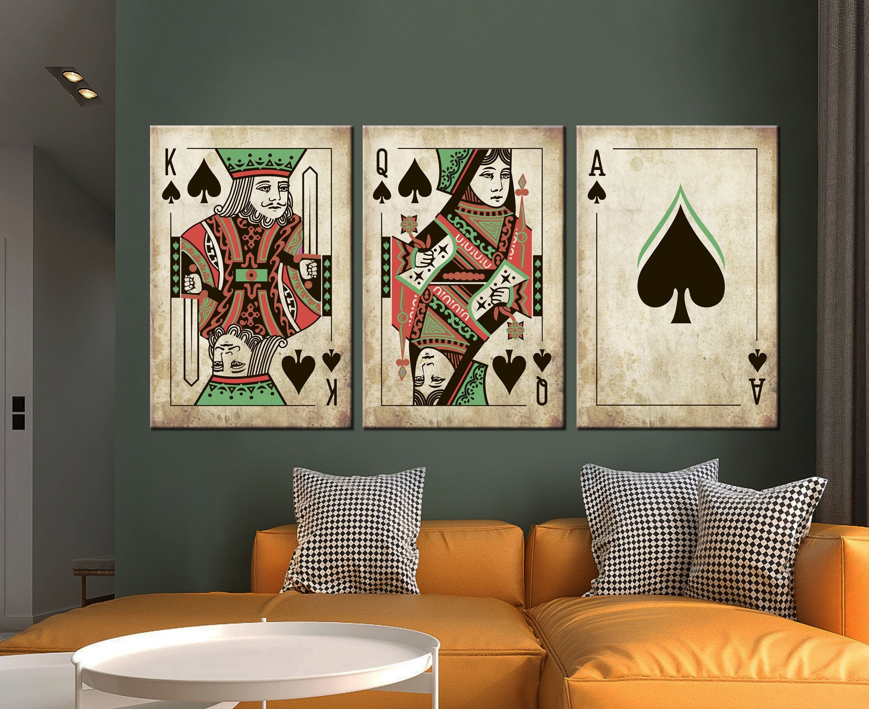 King and Queen Spades Playing Card Wall Art, Cards Vintage Print, King and Ace Wall Art Decor, Poker Room Decor, 3 PANELS SET