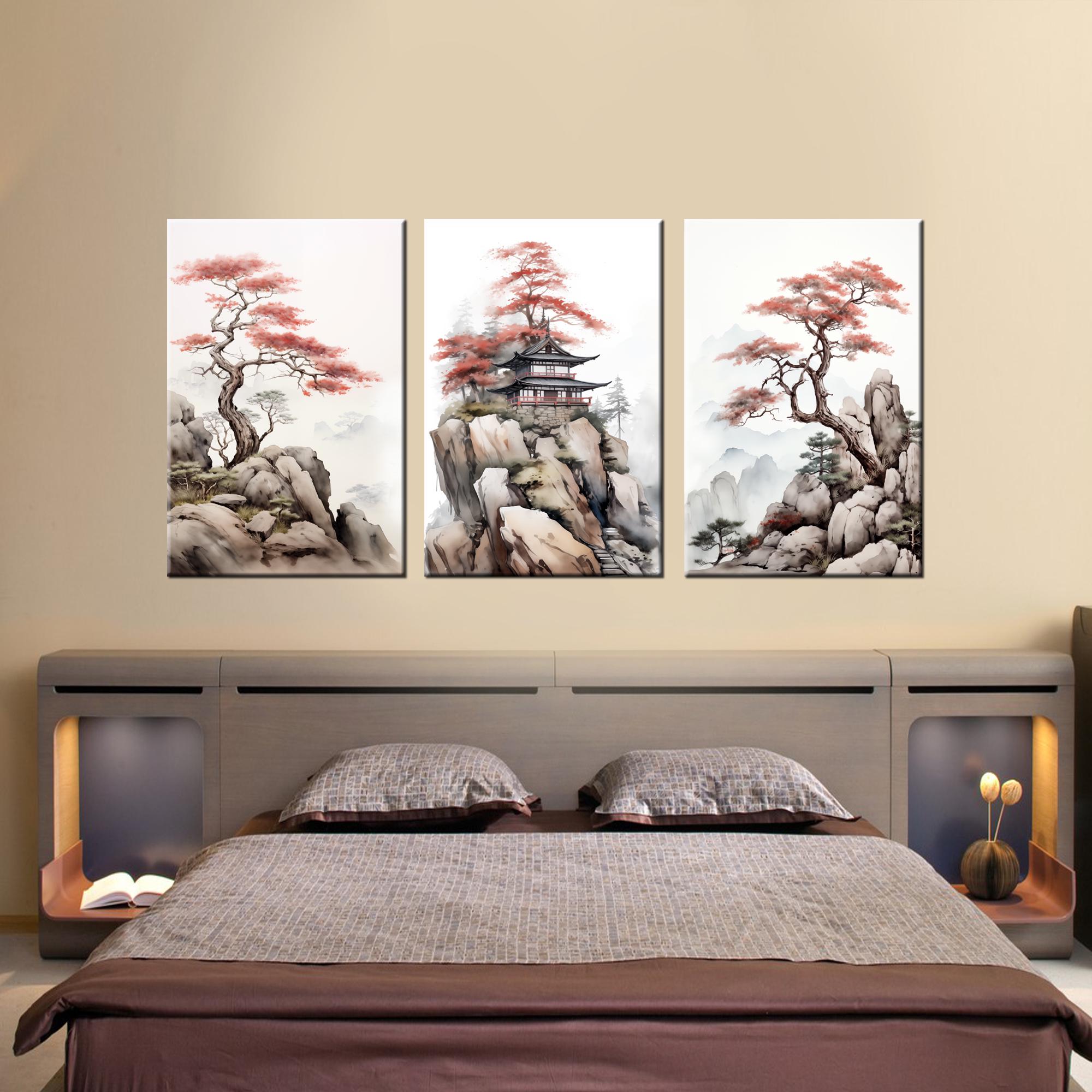 Japanese Landscape Canvas | Zen Wall Art Triptych | Sakura
