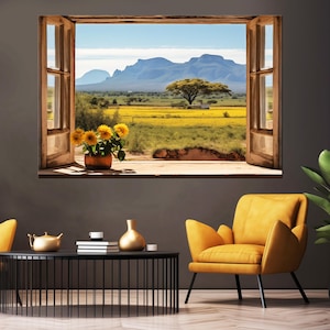 Faux Window Print Canvas, Open Window Canvas, Farmhouse Decor, Rustic Wall Decor, View from the window on the mountains and flowering meadow