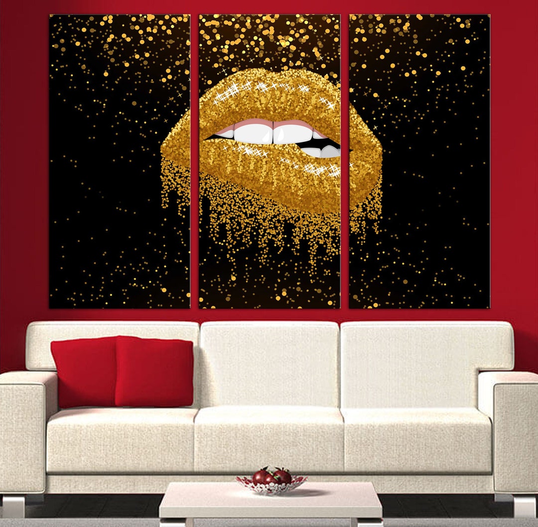 Golden Glitter Lips Canvas Art: Sparkle Kiss Print Wall Art - Etsy