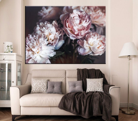 Vintage Peony Bouquet Canvas Art: Dark Floral Print