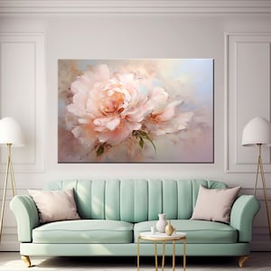May include: A large canvas art print featuring a close-up of a peony flower in shades of pink, peach, and cream. The artwork has a soft, painterly style with visible brushstrokes and green leaves. The print hangs above a mint green sofa with matching pillows.
