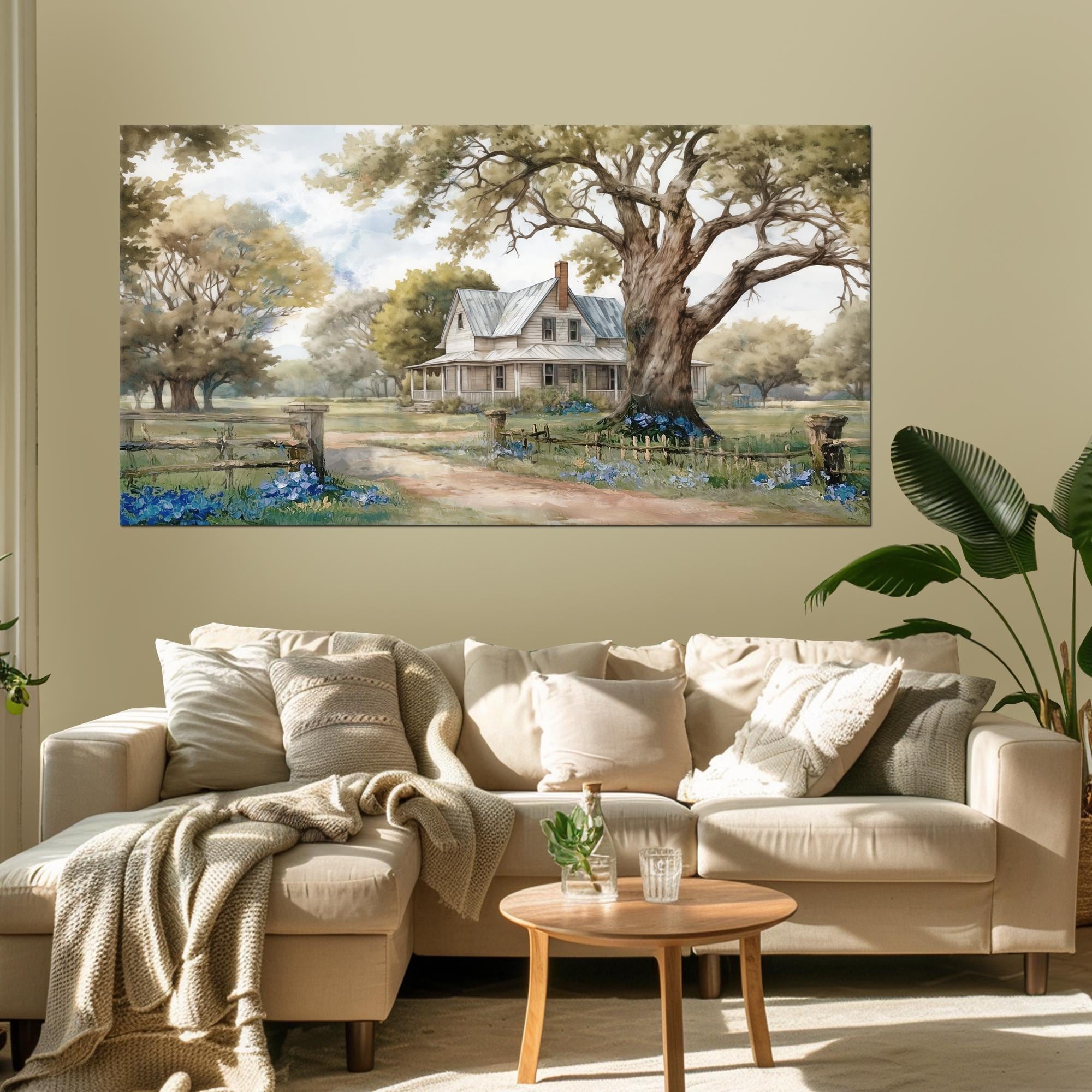 Rustic Farmhouse Painting Print - Large Country Home Canvas - Living Room Decor, Cottage Wall Art