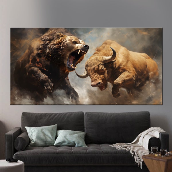 Bull and Bear Wall Art, Office decor, Market Exchange modern print, Trader canvas, Gift for a businessman, Bear large canvas