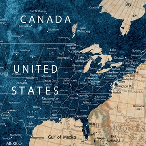 May include: A vintage-style map of North America with a blue background and brown text. The map shows the United States, Canada, and Mexico. The map is decorated with a faded, antique look.