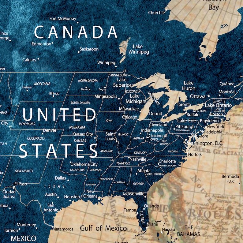 May include: A vintage-style map of North America with a blue background and brown text. The map shows the United States, Canada, and Mexico. The map is decorated with a faded, antique look.