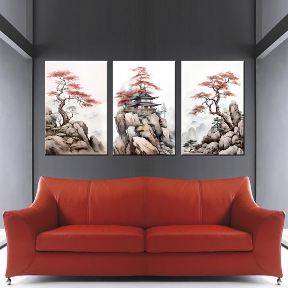 Japanese Landscape Canvas Wall Art: Sakura Zen Painting, 3 Panel