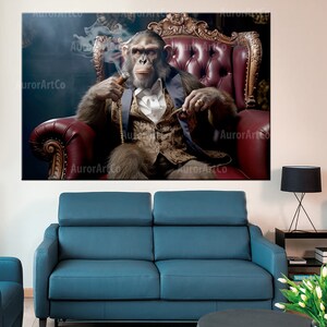 May include: A chimpanzee wearing a suit and holding a cigar sits in a red velvet armchair. The chimpanzee is wearing a gold chain and a gold ring. The background is dark and smoky.