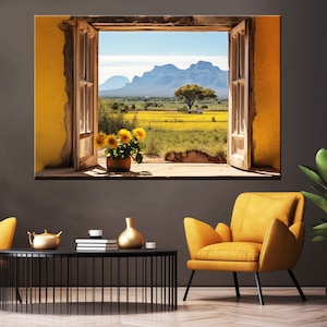 Faux Window Print Canvas, Open Window Canvas, Farmhouse Decor, Rustic Wall Decor, View from the window on the mountains and flowering meadow