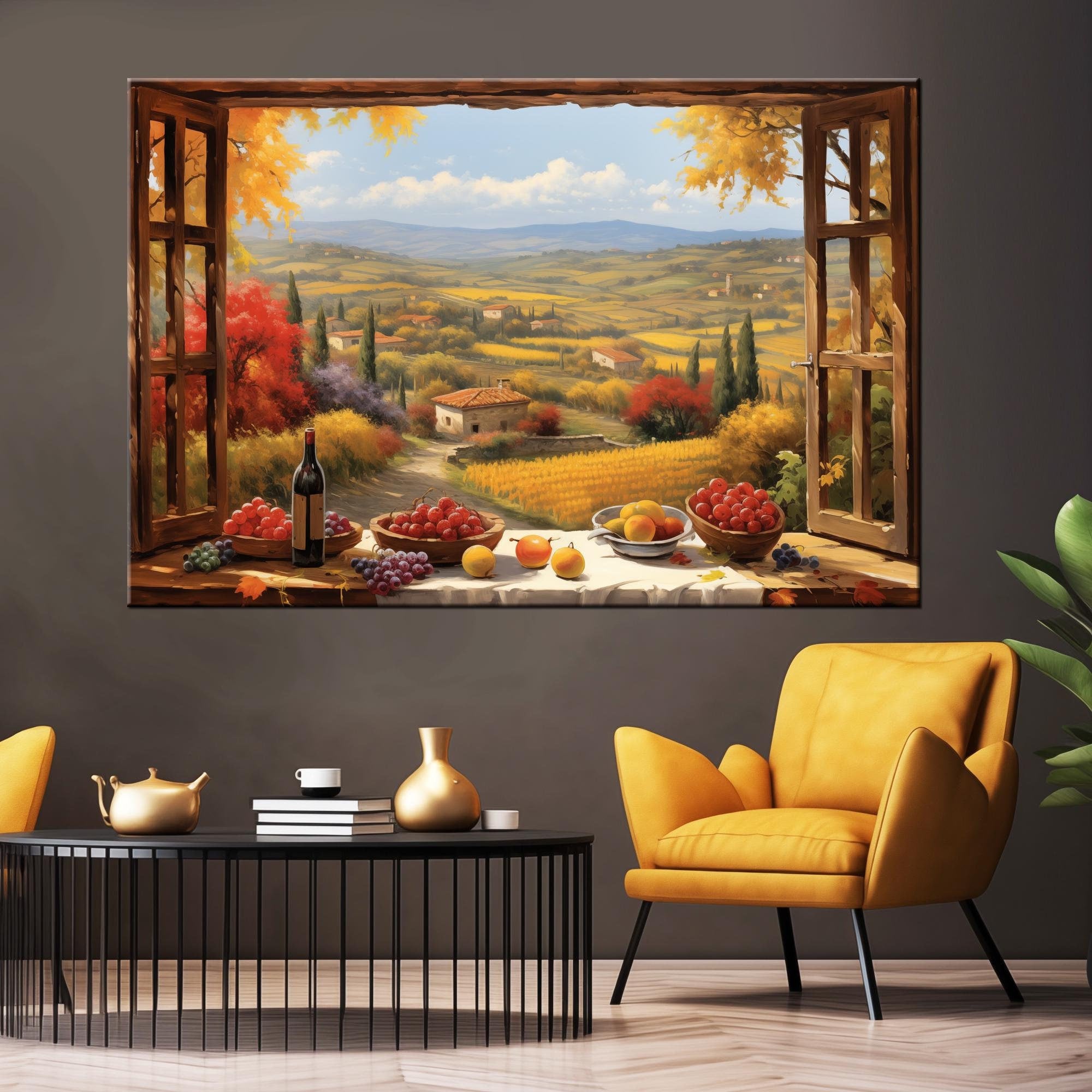 Open window the fields of Italy Painting Print Canvas, Open Window with Tuscany wall decor, Winemaking art print, Tuscany wall art
