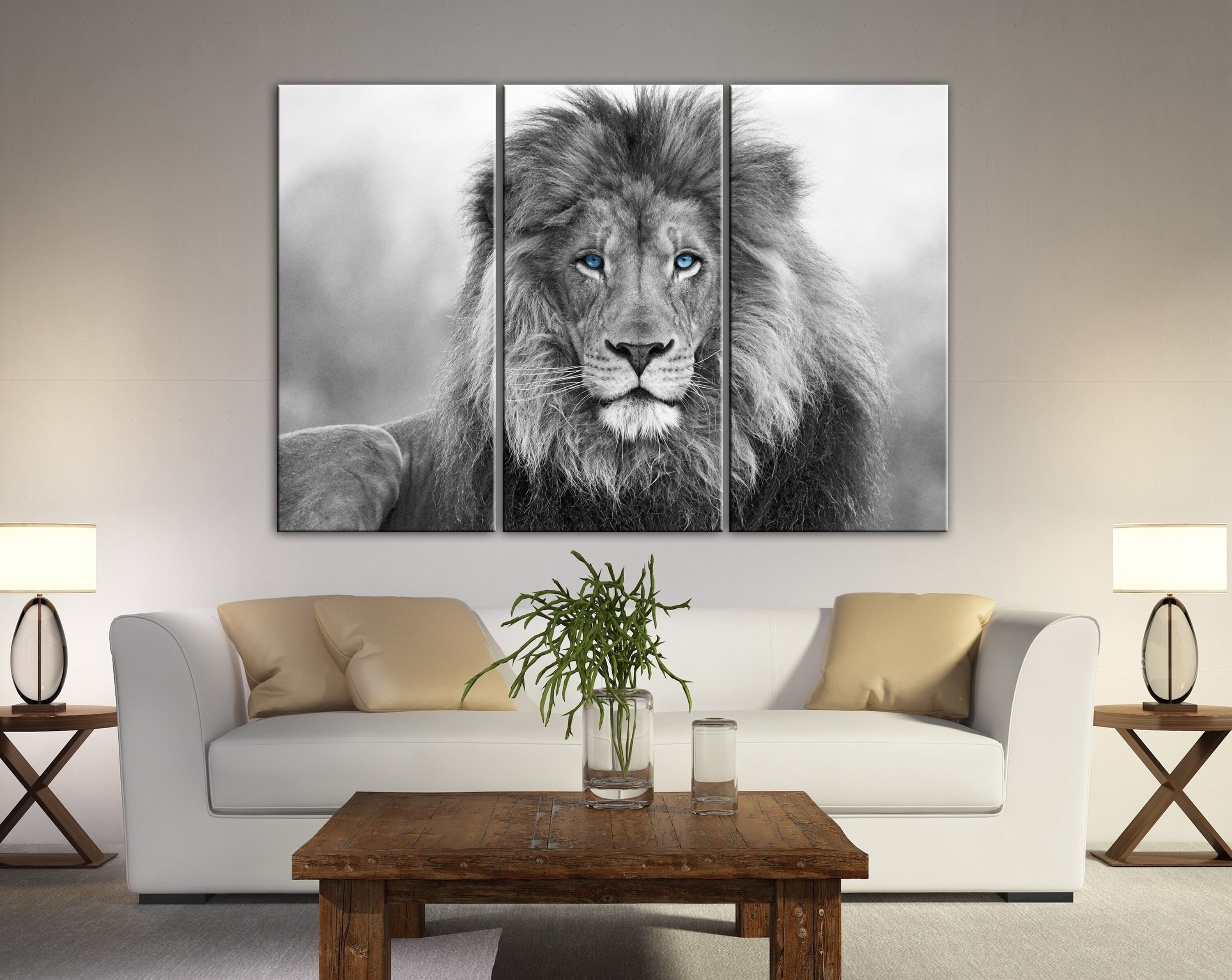 Black and White lions decor Blue Eyed Lion Wall Art lions | Etsy