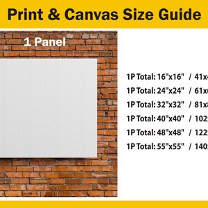 Może przedstawiać: Biały panel pł&oacute;cienny na tle czerwonej ceglanej ściany, z ż&oacute;łtym banerem u g&oacute;ry z napisem "Print & Canvas Size Guide". Przewodnik pokazuje rozmiary od 41x41cm do 140x140cm.