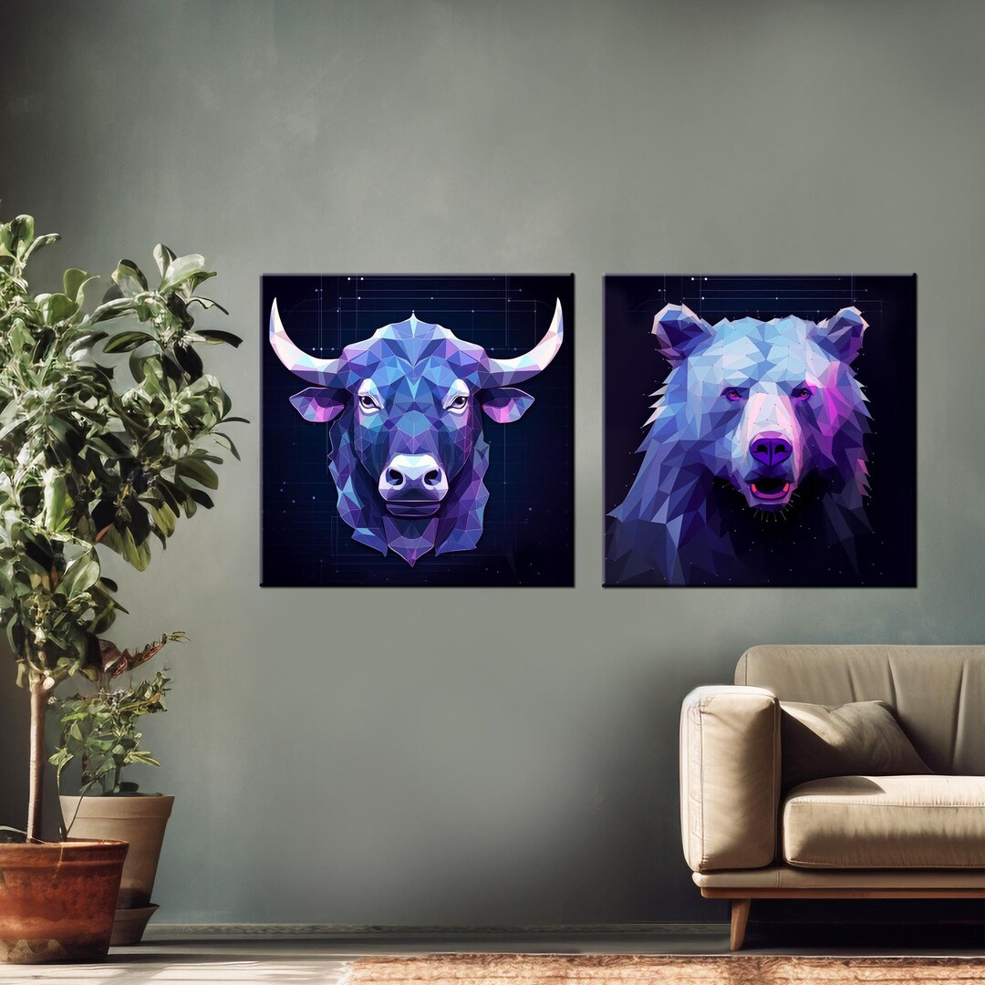 bull & bear digital prints, stock market art, wall... Bull Bear Stock Market Canvas Print, Neon Light Forex Wall Decor ...