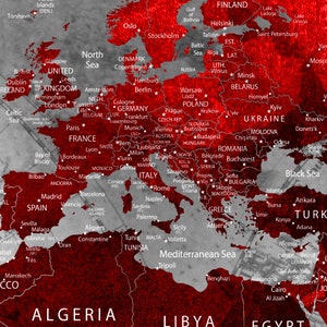 Vintage Fiery Red World Map Canvas, Canvas Travel Map, Detailed World ...