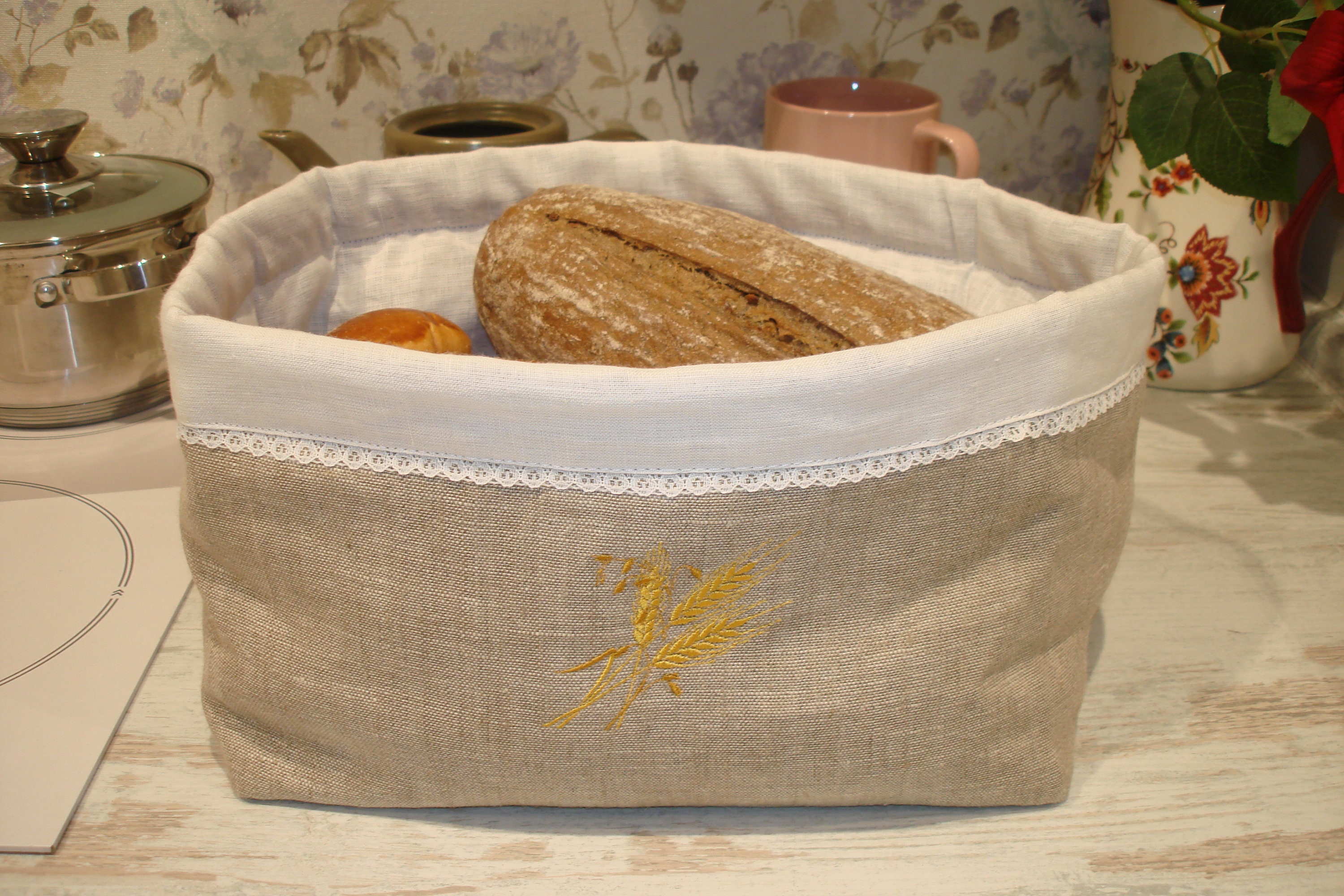 Bread basket with embroidery.Linen bread bin.bun basket.Linen Etsy