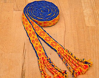 Ceinture tissée en planches - bordure en planches tissées à la main - laine bleu-rouge-jaune - Reconstitution médiévale LARP