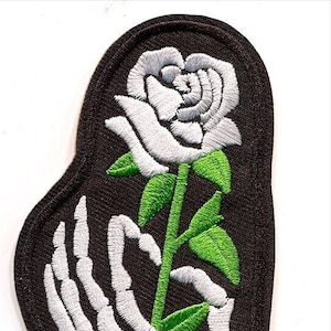 Skeleton Hand with White Rose Embroidered Iron On Patch