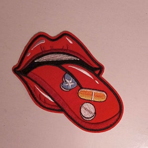 Rolling Tongue With Pills Embroidered Patch