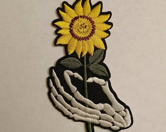 Embroidered Iron on patch Skeleton Hand with Sunflower