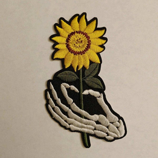 Embroidered Iron on patch Skeleton Hand with Sunflower