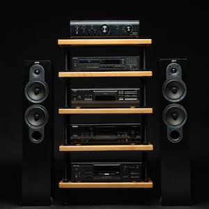 2 IN 1 Registered design stand, 5 Tier Oak Black rods stand, audio rack / Record player stand / Turntable stand / Threaded rod shelf
