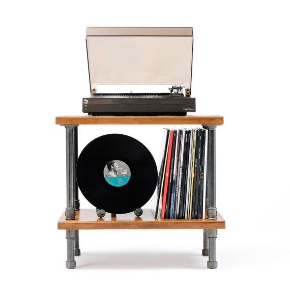 Support d'équipement audio à 2 niveaux, stockage de platine vinyle LP,  meubles en bois récupérés, support de tourne-disque fait à la main -   France