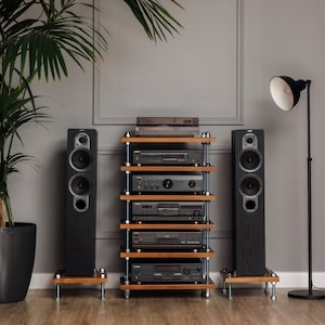 Supporto 3 in 1, supporto per dischi in vinile/rack modulare per giradischi, mobile audio industriale, ripiano Hi-Fi in legno massello di faggio, console multimediale