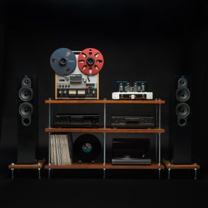 3-stufiger Gewindestangenständer, Altholzmöbel, handgefertigter Plattenspielerständer, industrieller Vinyltisch, Media-HiFi-TV-Einheit, Audioregal