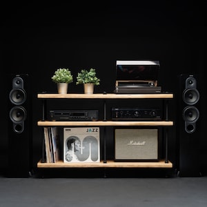 NEW-OAK WOOD, Registered design stand, 3 Tier Threaded Rods Double stand, Lp Turntable Storage, Record Player Stand, Industrial Vinyl Table