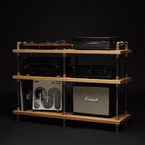 BOIS DE CHÊNE NEUF, support pour platine vinyle doré, support en laiton
