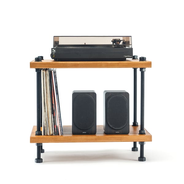 Support de tiges noires, meubles en bois de récupération, support pour tourne-disque fait main, table en vinyle industrielle, meuble TV média hifi