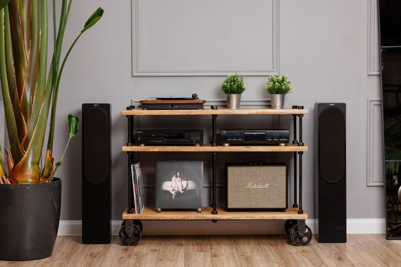 NEW-OAK WOOD, Registered design stand, 3 Tier Threaded Rods Double stand, Lp Turntable Storage, Record Player Stand, Industrial Vinyl Table image 8