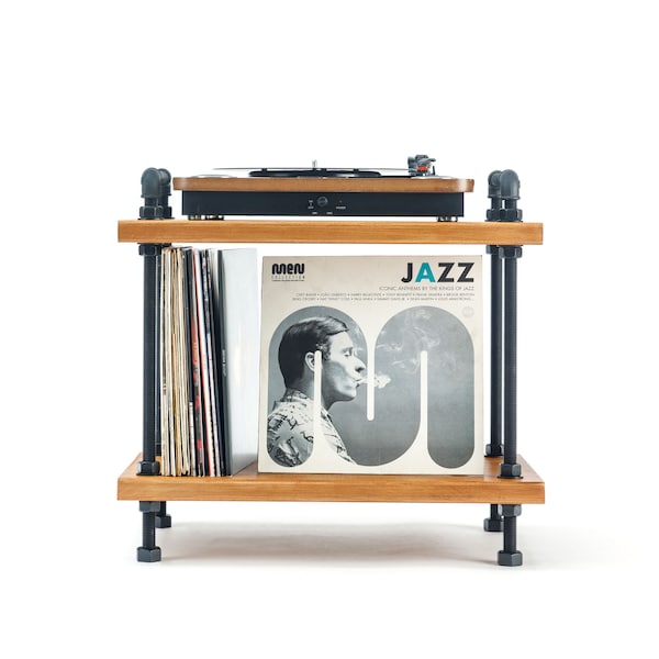 Support de tiges noires, meubles en bois de récupération, support pour tourne-disque fait main, table en vinyle industrielle, meuble TV média hifi