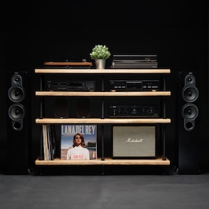 NEW-OAK WOOD, Registered design stand, 4 Tier Threaded Rods Double stand, Lp Turntable Storage, Record Player Stand, Industrial Vinyl Table