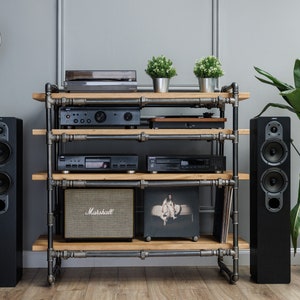 May include: An industrial-style entertainment unit with audio equipment, a Marshall speaker, and vinyl records. Two tall black speakers flank the unit, with a black floor lamp to the left. Two small potted plants sit on top of the unit.