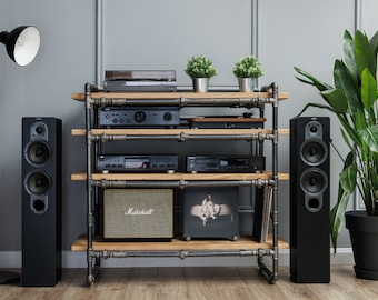 LP Turntable Storage, Handmade Record Player Stand, Industrial Vinyl Table, Media Hifi TV Unit