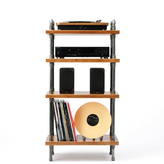 Almacenamiento de tocadiscos LP de diseño registrado, muebles de madera  recuperada, soporte para tocadiscos hecho a mano, mesa de vinilo  industrial, unidad de TV Media Hifi -  España